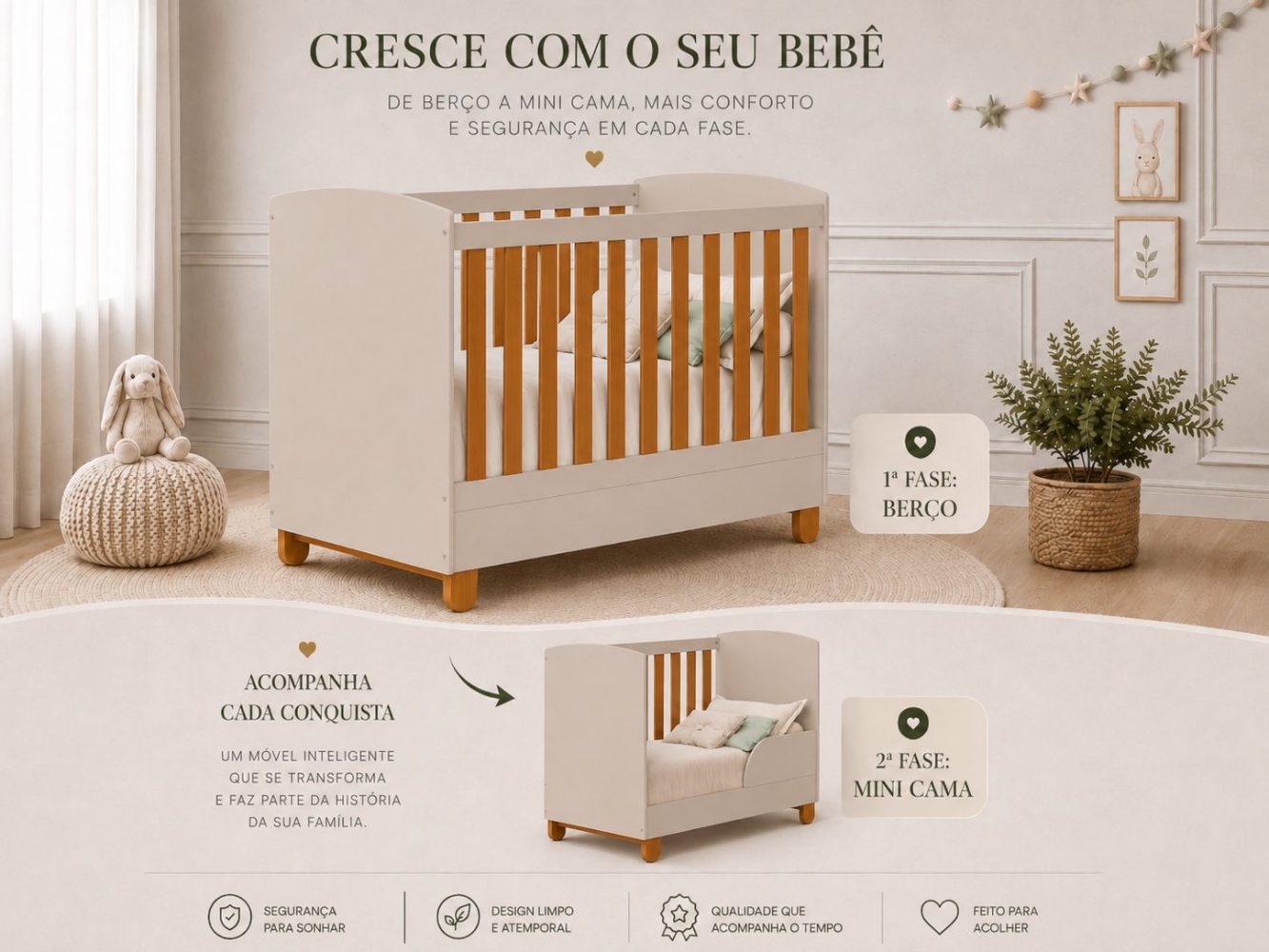 Quarto de Bebê Apolo Basic | Guarda-Roupa 3 Portas, Cômoda e Berço Reller - Areia Fosco Com Savana