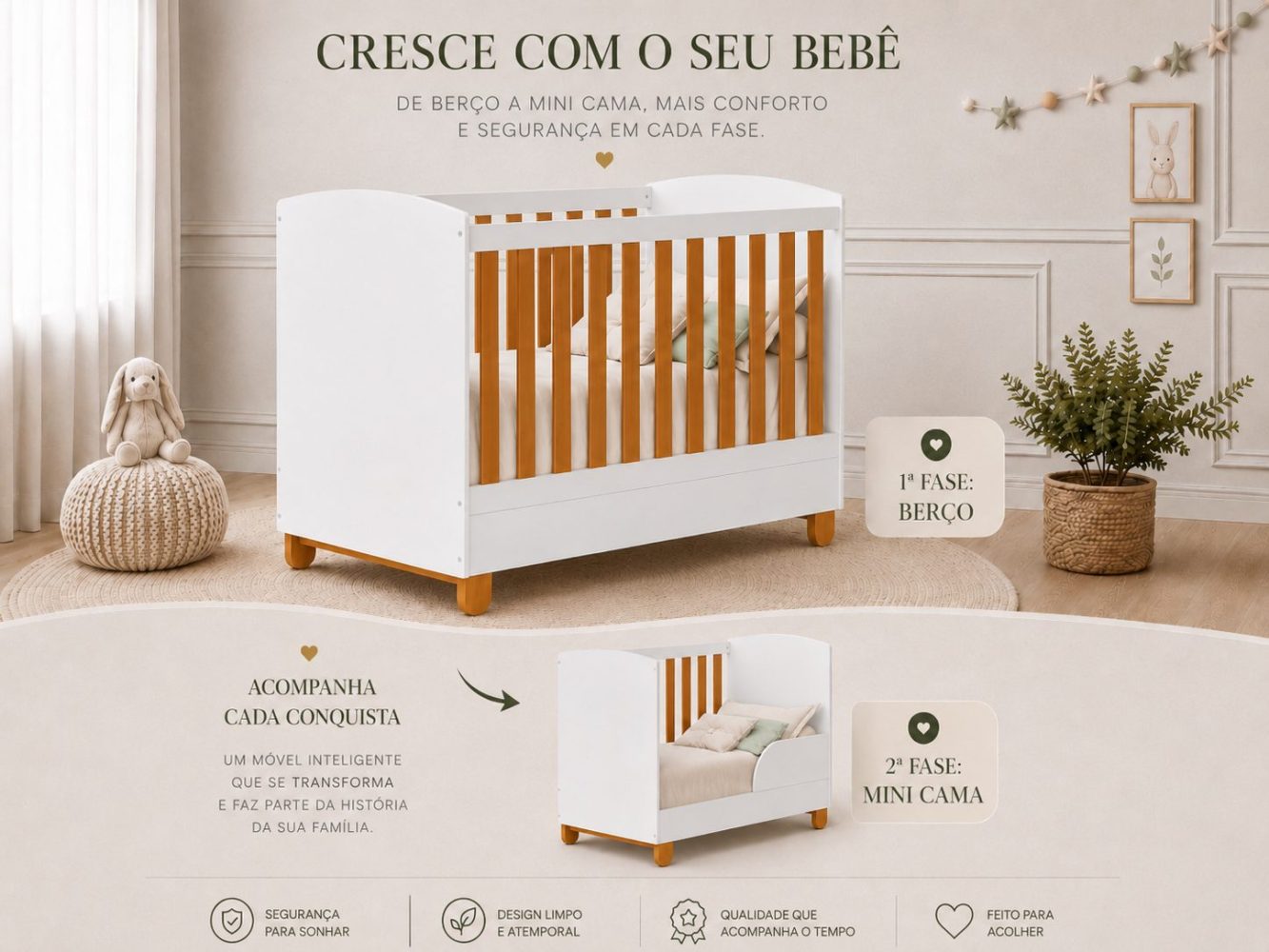 Quarto de Bebê Apolo Basic | Guarda-Roupa 3 Portas, Cômoda e Berço Reller - Branco Fosco Com Savana