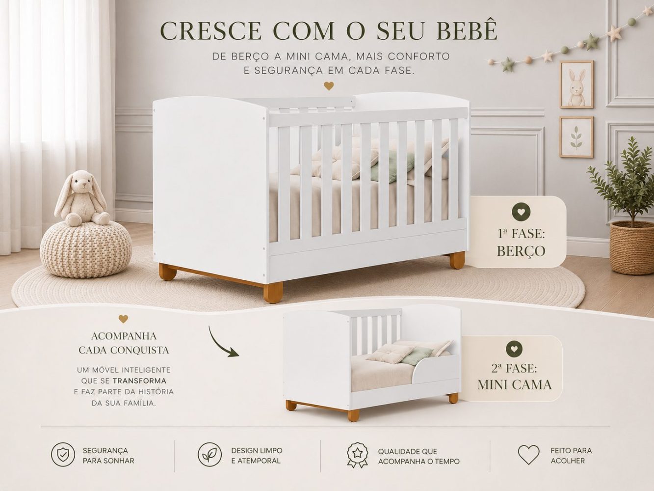 Quarto de Bebê Apolo Basic | Guarda-Roupa 3 Portas, Cômoda e Berço Reller - Branco Fosco
