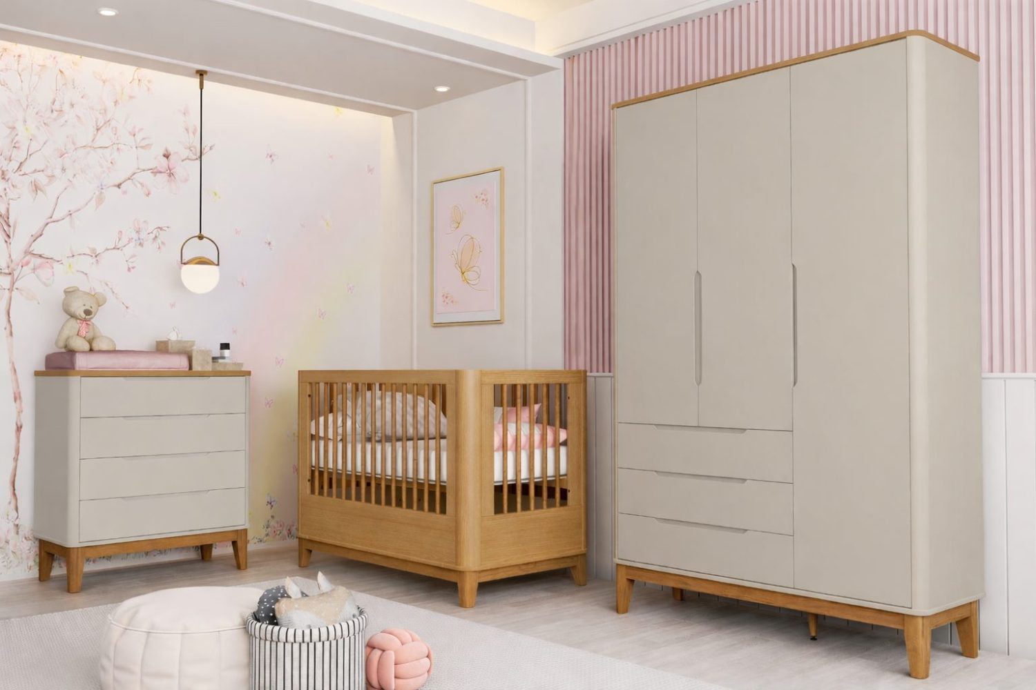 Quarto de Bebê Boom Slim Classic| Guarda-Roupa 3 Portas, Cômoda e Berço Reller - Areia Fosco Com Savana