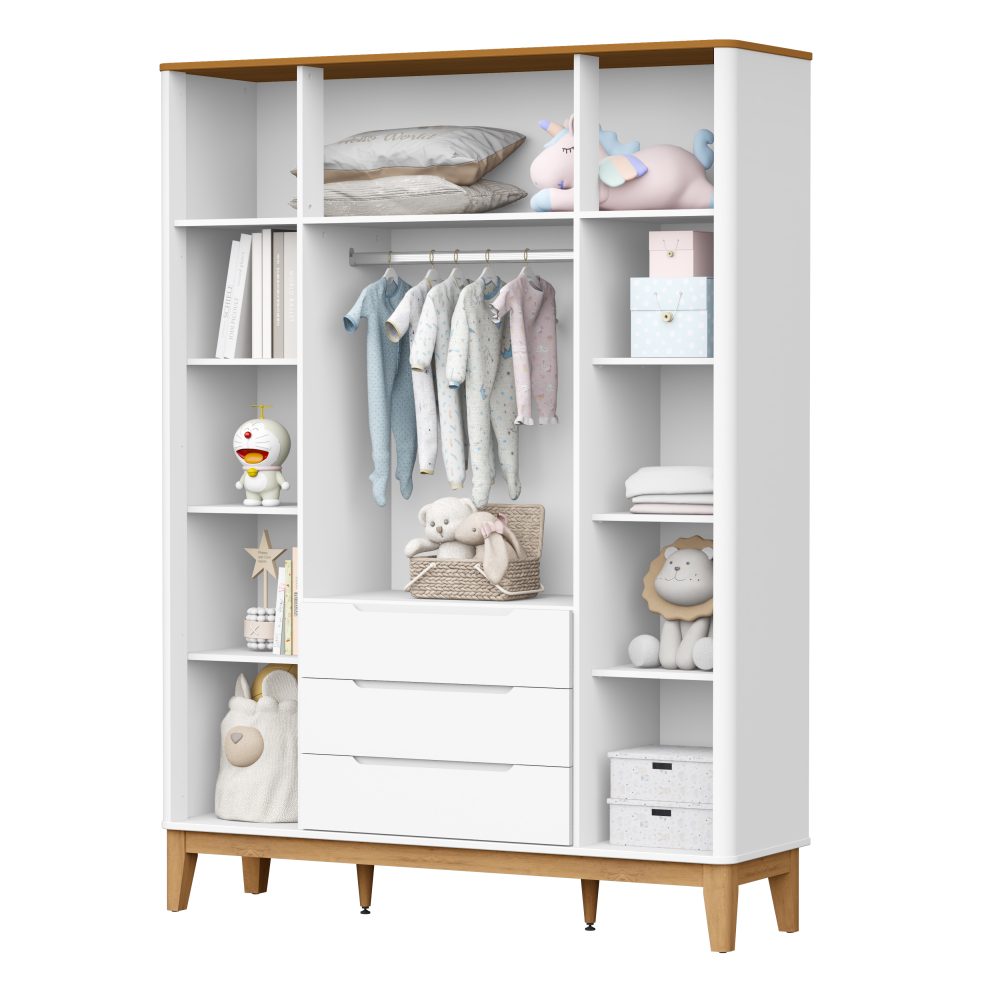 Quarto de Bebê Boom Slim Classic | Guarda-Roupa 4 Portas, Cômoda e Berço Reller- Branco Fosco Com Savana