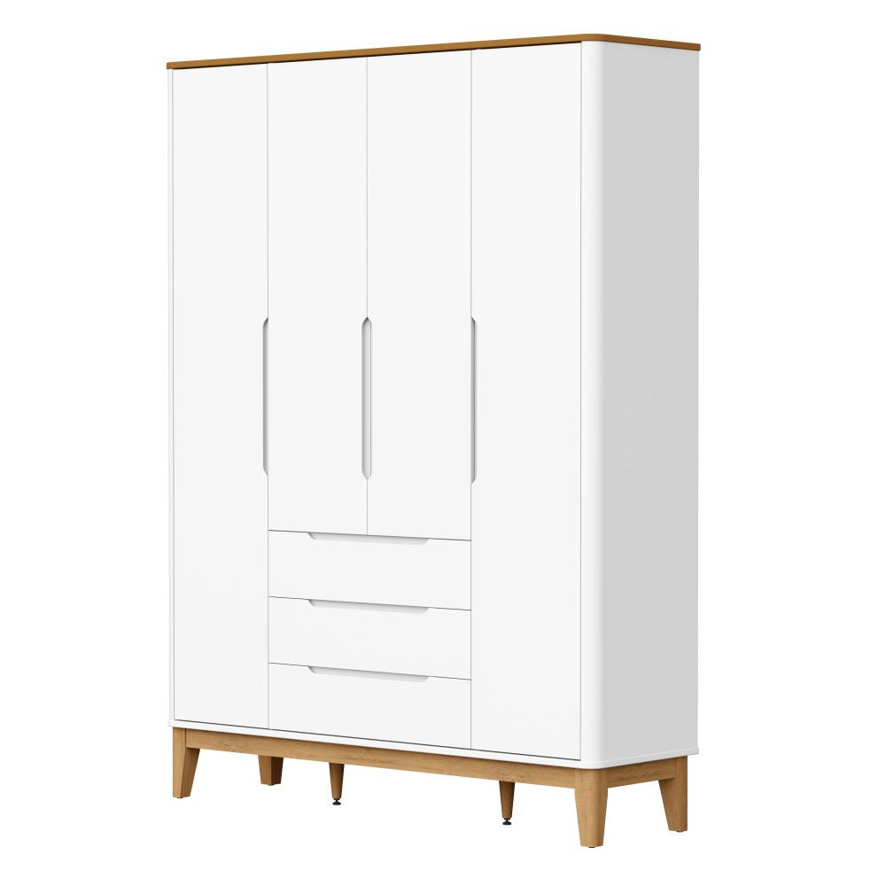 Quarto de Bebê Boom Slim Classic | Guarda-Roupa 4 Portas, Cômoda e Berço Reller- Branco Fosco Com Savana