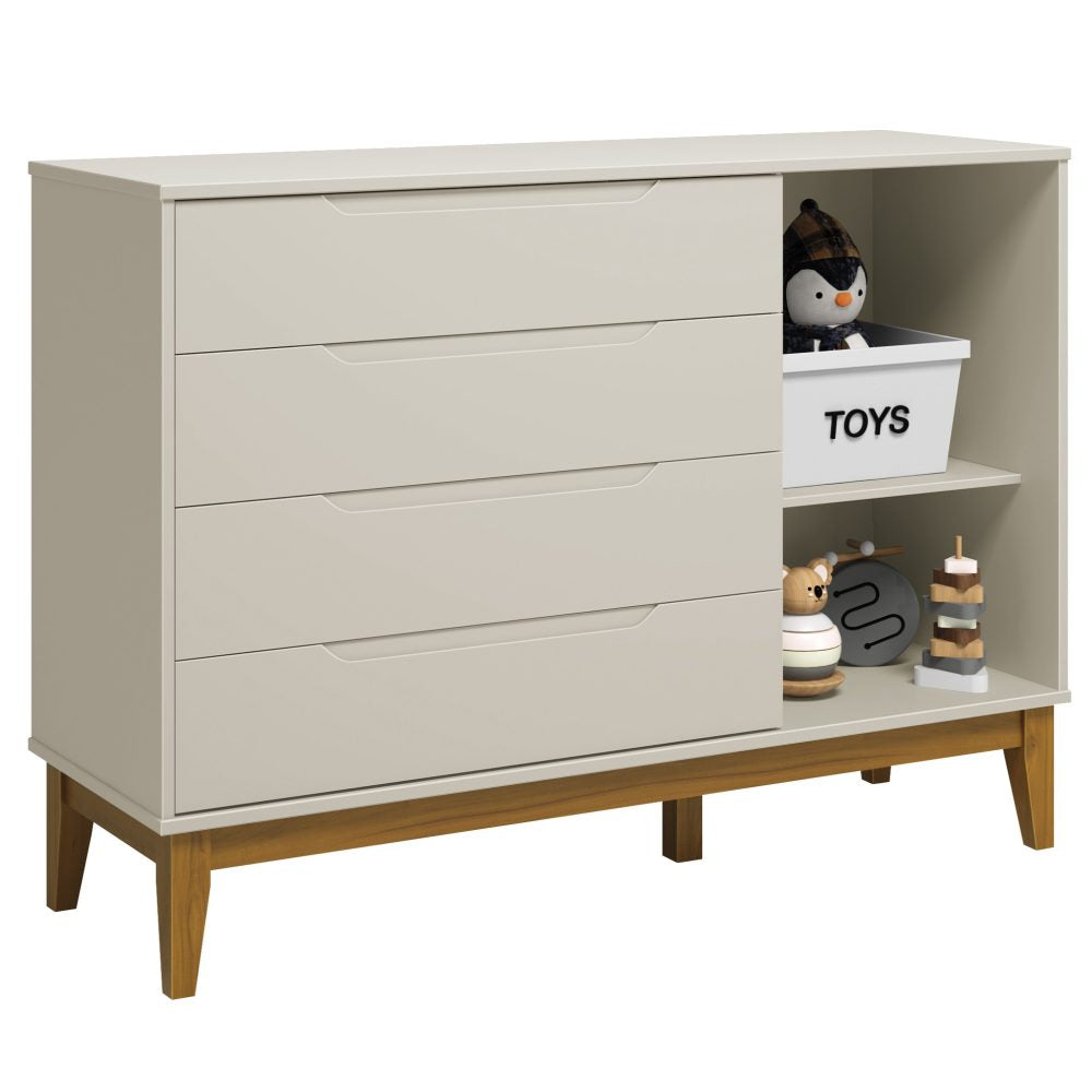 Quarto de Bebê Elfe Classic Reller | Guarda-Roupa 4 Portas, Cômoda e Berço Noah Wood - Areia Fosco
