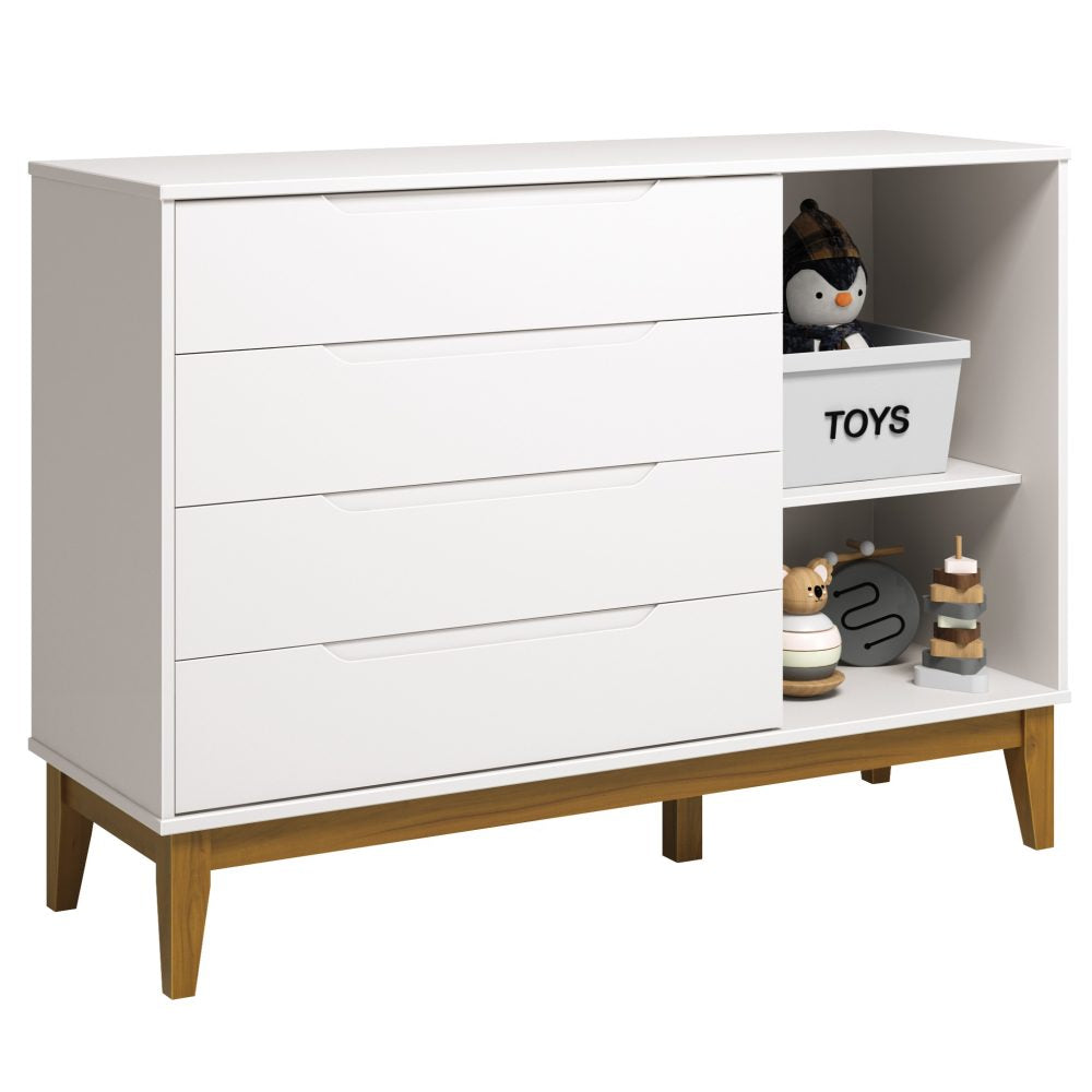 Quarto de Bebê Elfe Classic Reller | Guarda-Roupa 4 Portas, Cômoda e Berço Noah Wood - Branco Fosco