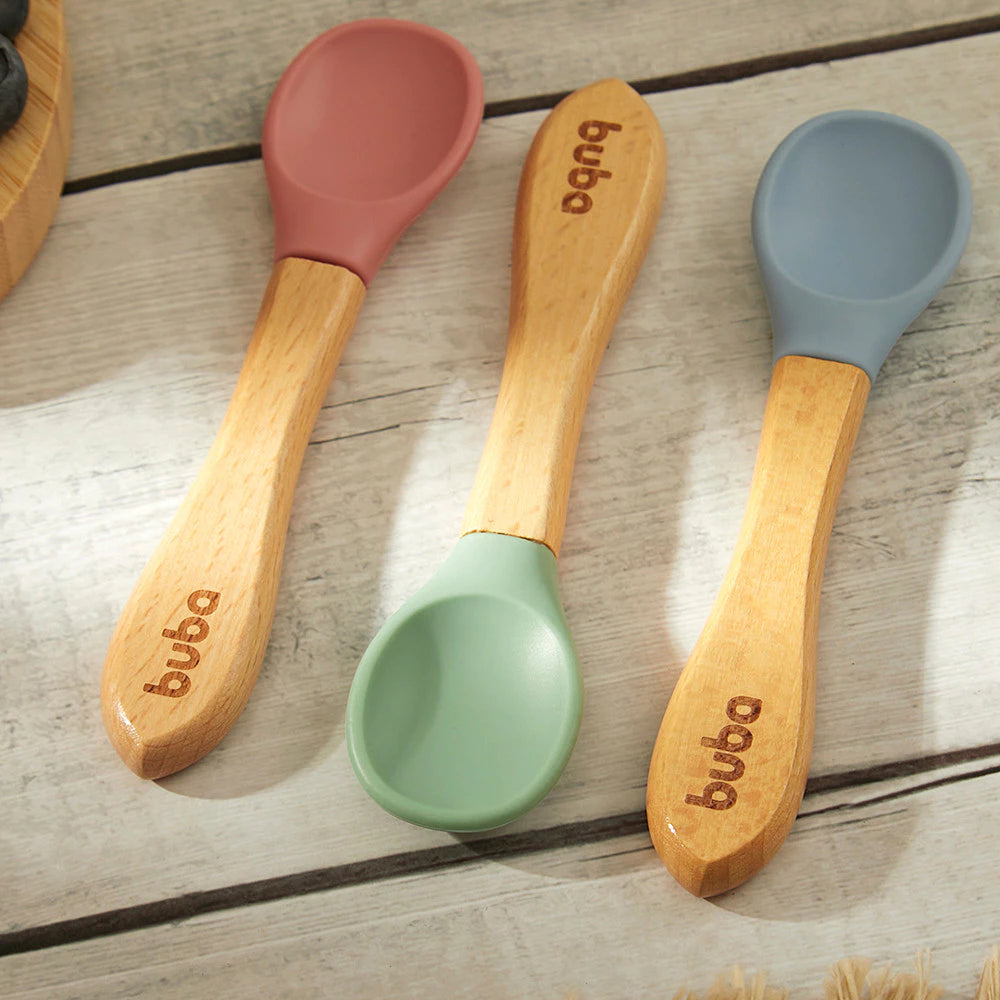 Colher Infantil de Silicone Azul com Cabo de Bambu Buba