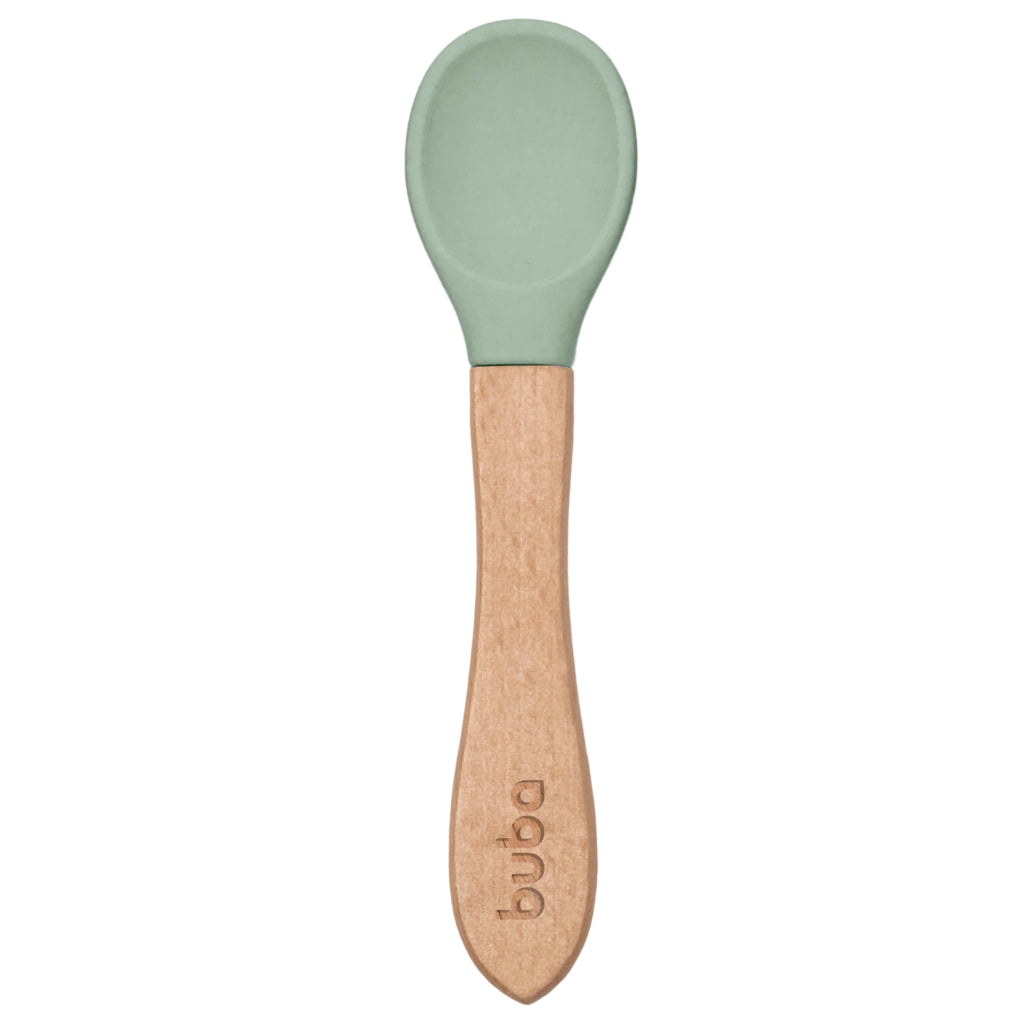 Colher Infantil de Silicone Verde com Cabo de Bambu Buba