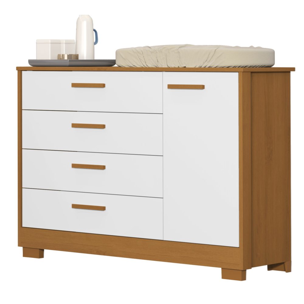 Quarto de Bebê Zaki Reller | Guarda-Roupa 4 Portas, Cômoda e Berço Evolutivo - Branco Fosco Com Savana