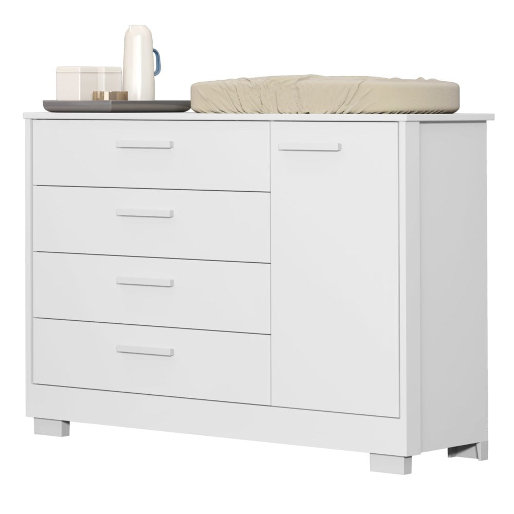 Quarto de Bebê Zaki Reller | Guarda-Roupa 4 Portas, Cômoda e Berço Evolutivo - Branco Fosco