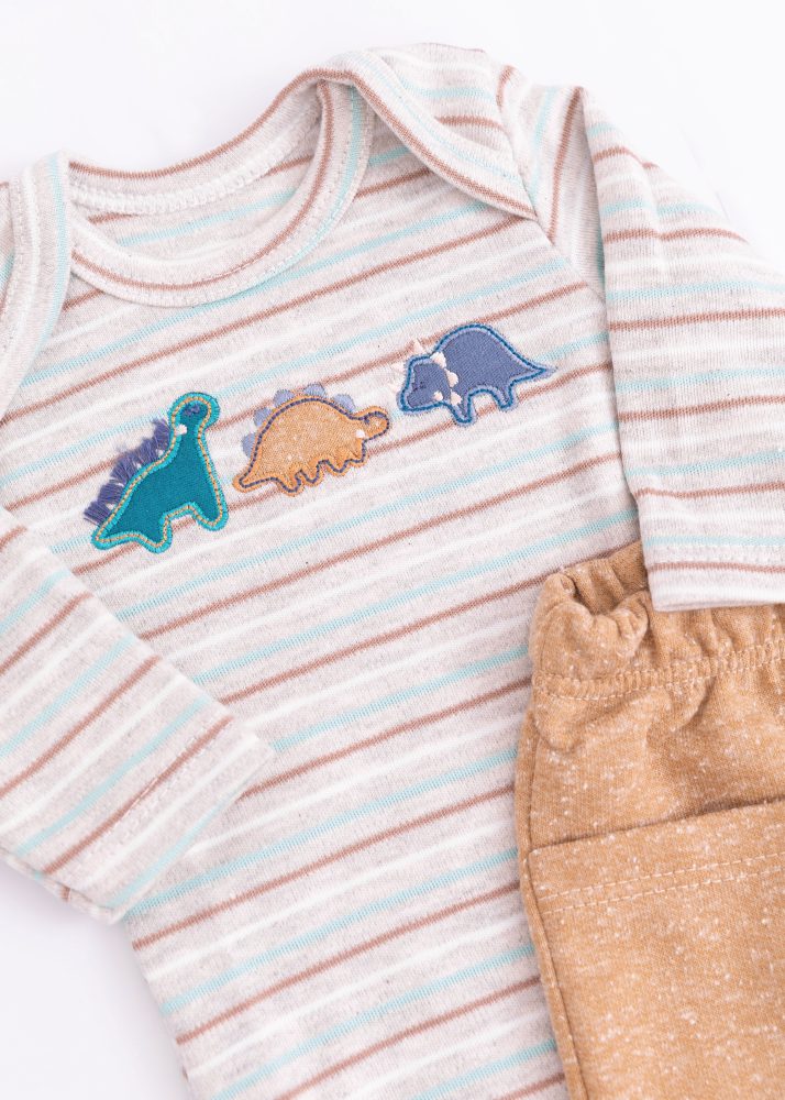 Conjunto Bebê Body Listrado Bordado Dino Com Calça Botonê