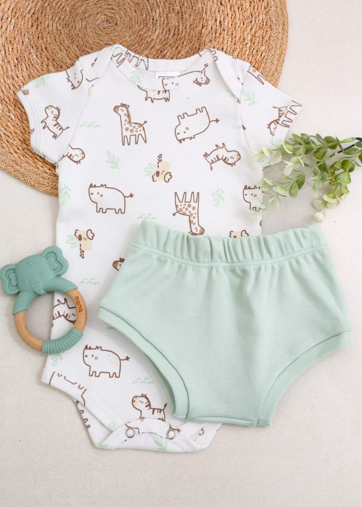 Conjunto Bebê Body e Tapa Fralda Suedine - Animais Safari