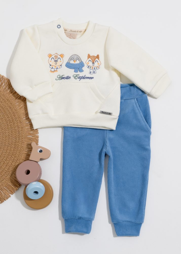 Conjunto Bebê Moletom Bordado Bichos Ártico Com Calça Veludo