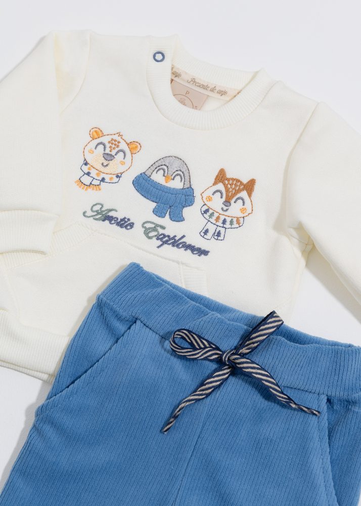 Conjunto Bebê Moletom Bordado Bichos Ártico Com Calça Veludo