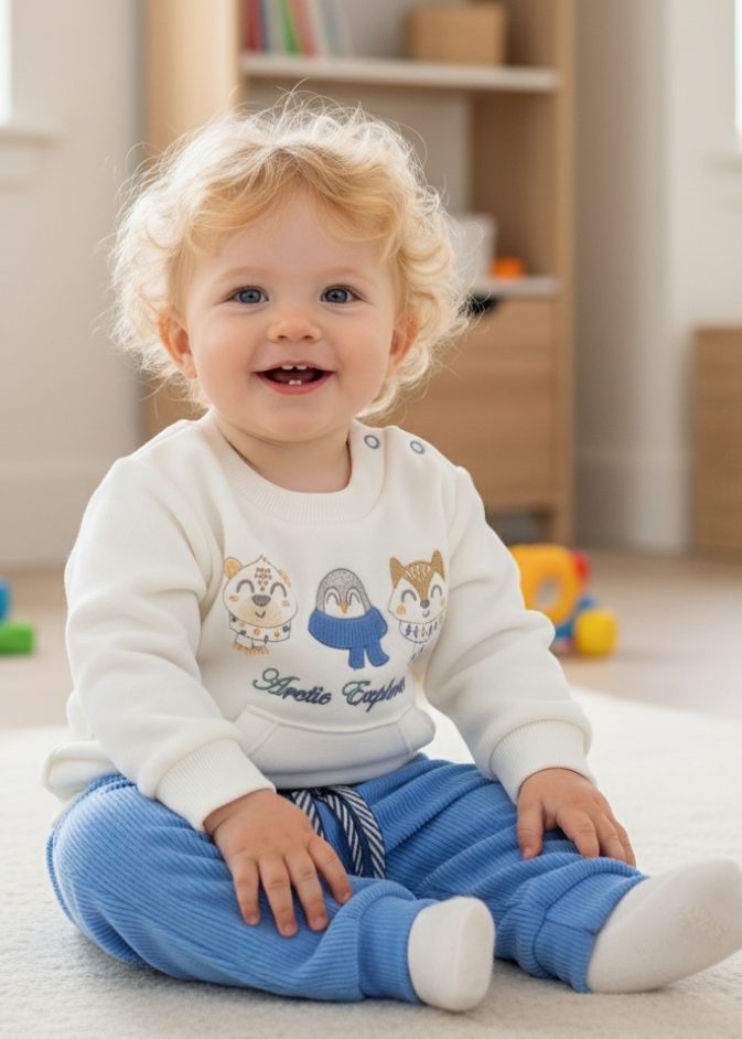 Conjunto Bebê Moletom Bordado Bichos Ártico Com Calça Veludo