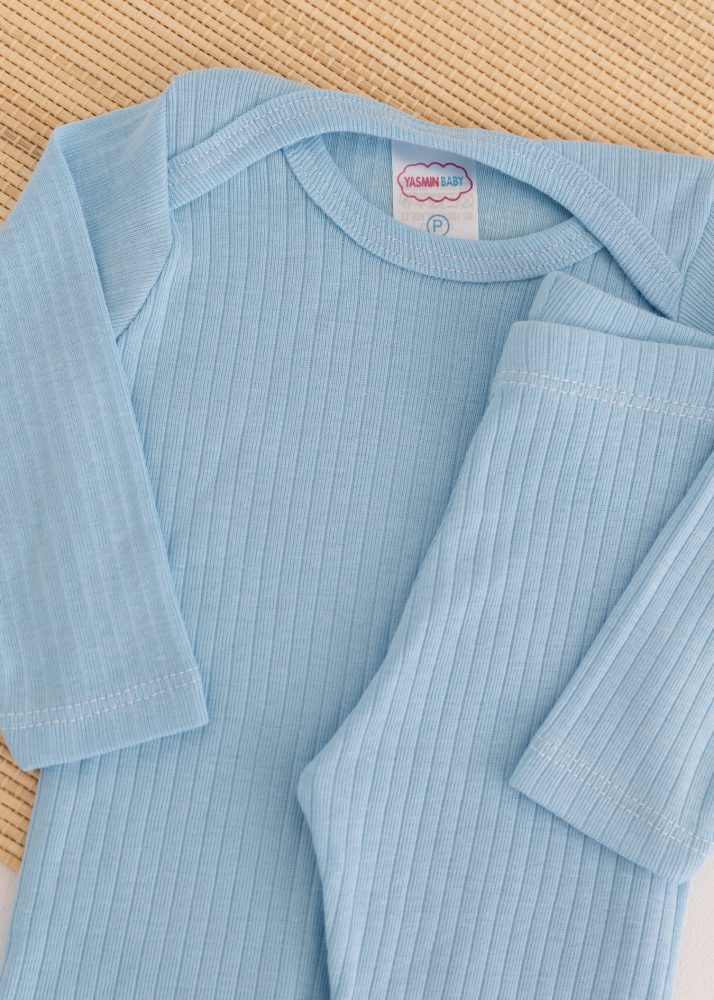 Conjunto Body Bebê Pagão Canelado Longo - Azul Ceú