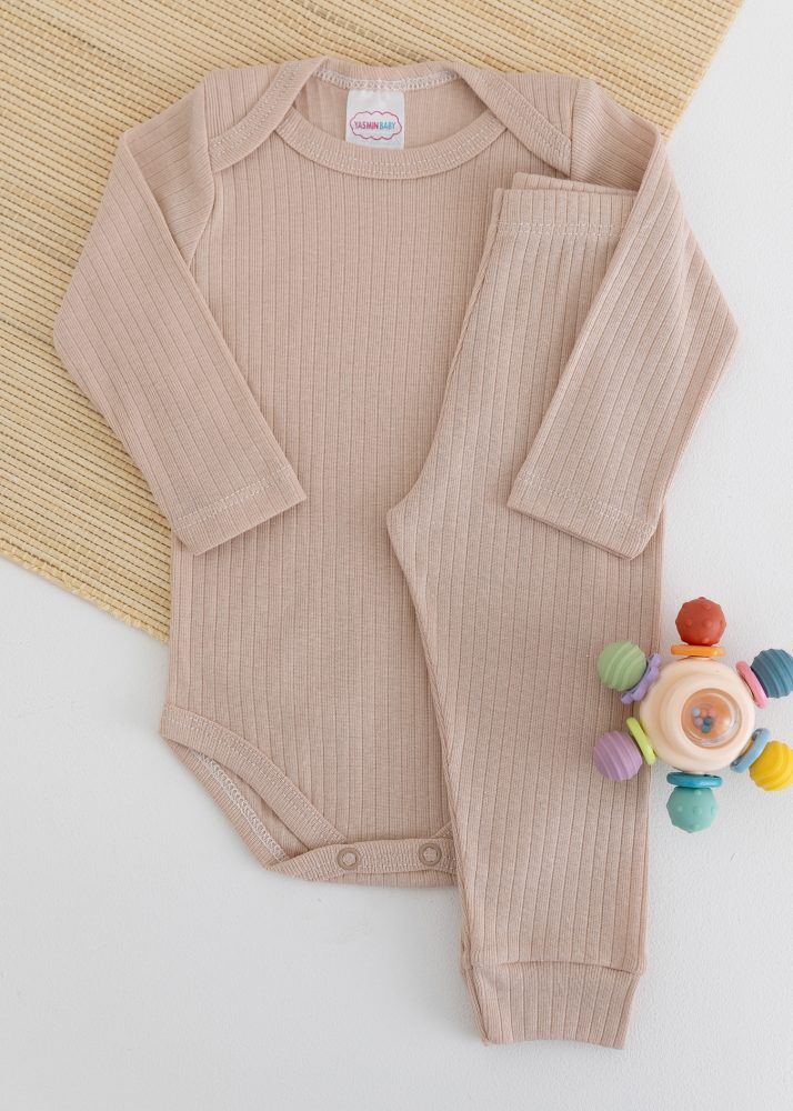 Conjunto Body Bebê Pagão Canelado Longo - Bege