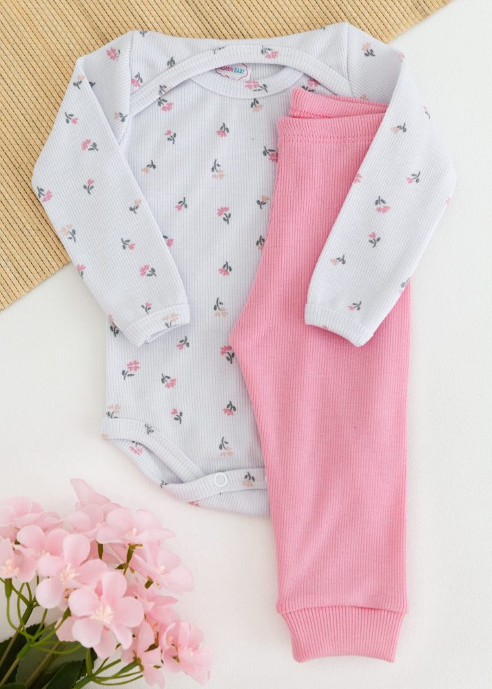 Conjunto Body Bebê Pagão Canelado Longo - Floralzinho
