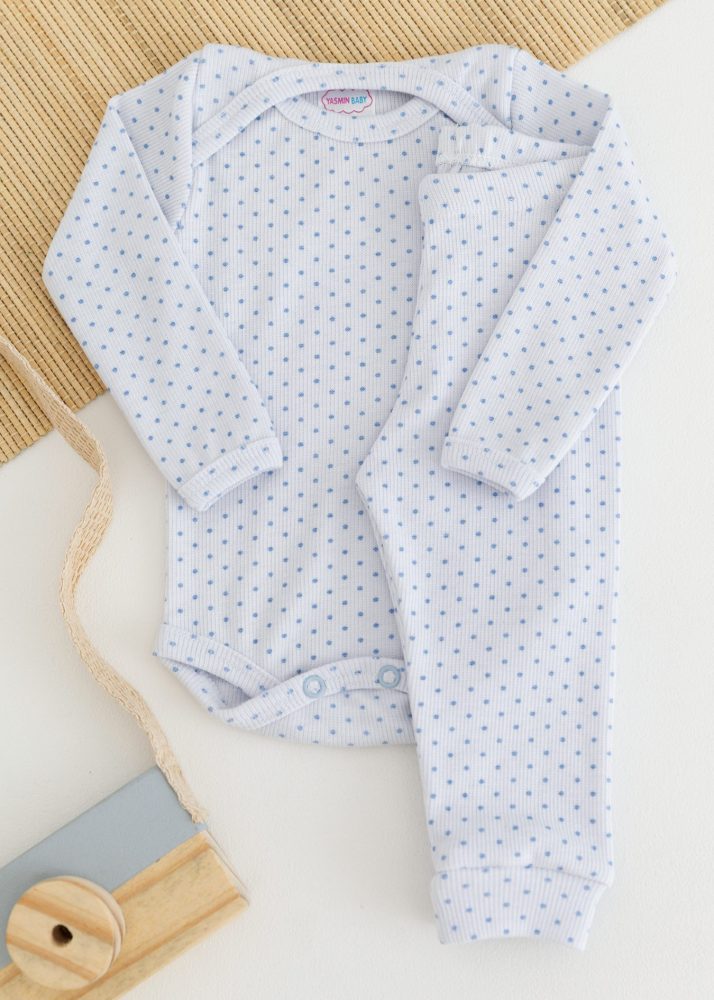 Conjunto Body Bebê Pagão Canelado Longo - Poá Azul