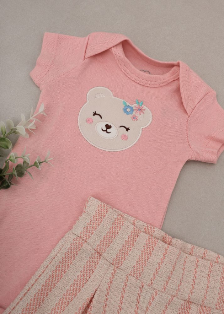 Conjunto Body Bordado Urso e Shorts Listrado Rosa Bebê Iase
