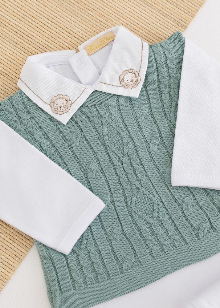 Conjunto Suedine Bebê Com Body, Calça e Colete em Tricot Verde Maré