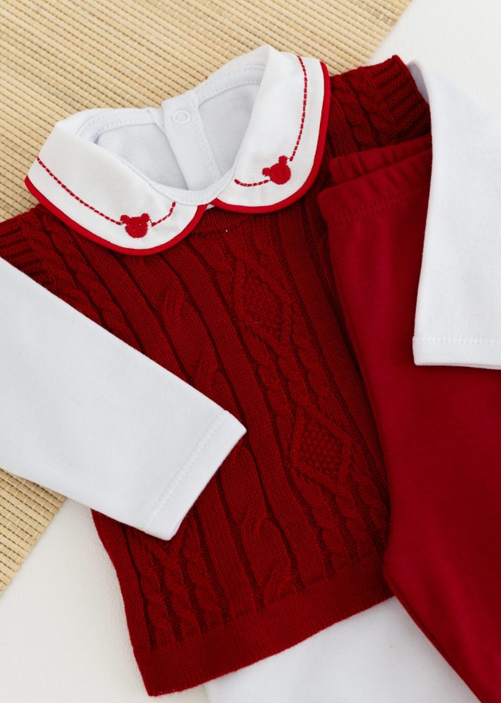 Conjunto Suedine Bebê Com Body, Calça e Colete em Tricot Vermelho