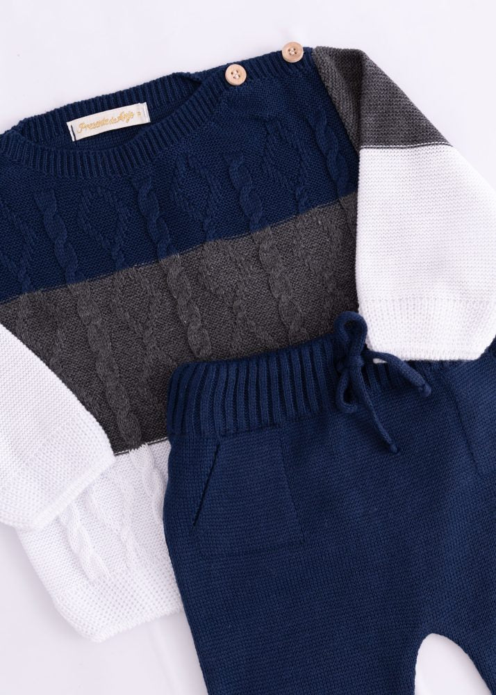 Conjunto de Tricô Bebê Casaco Listrado Com Calça Marinho