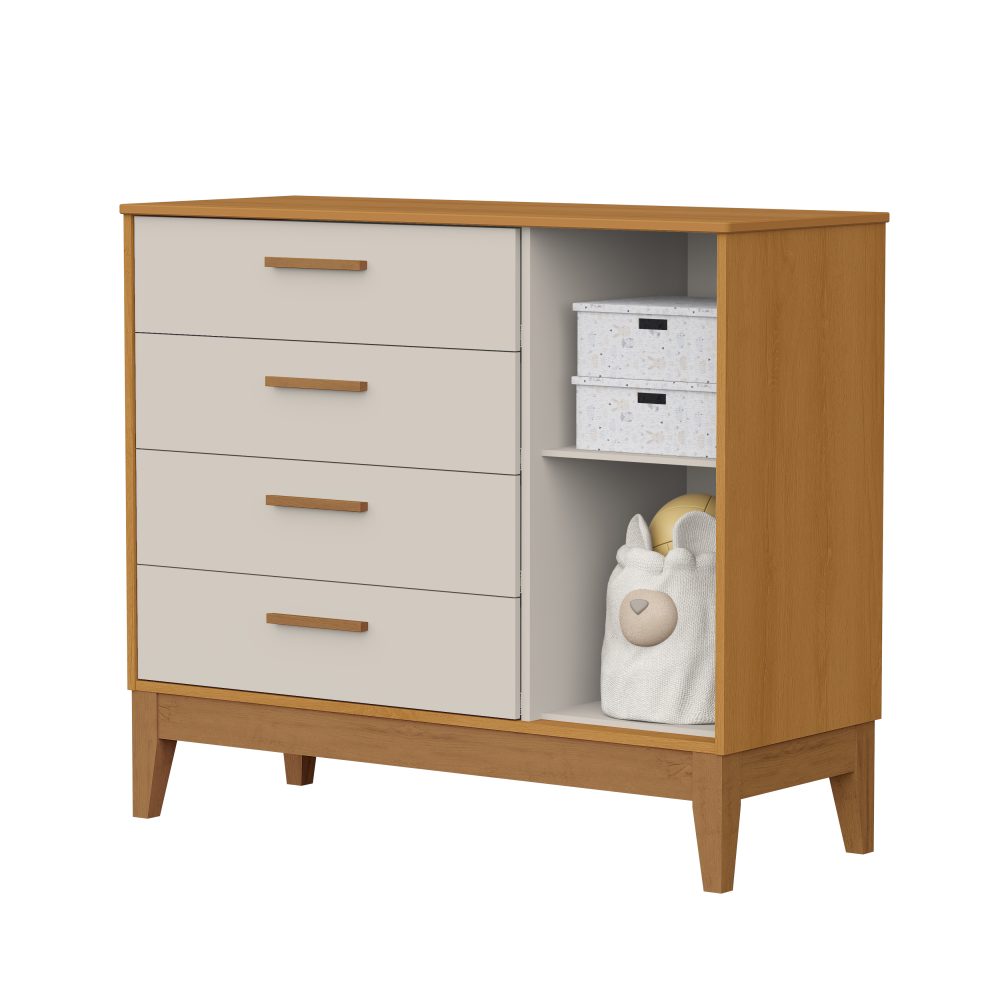 Quarto de Bebê Flip Reller | Guarda-Roupa 4 Portas, Cômoda e Berço - Areia Fosco Com Savana