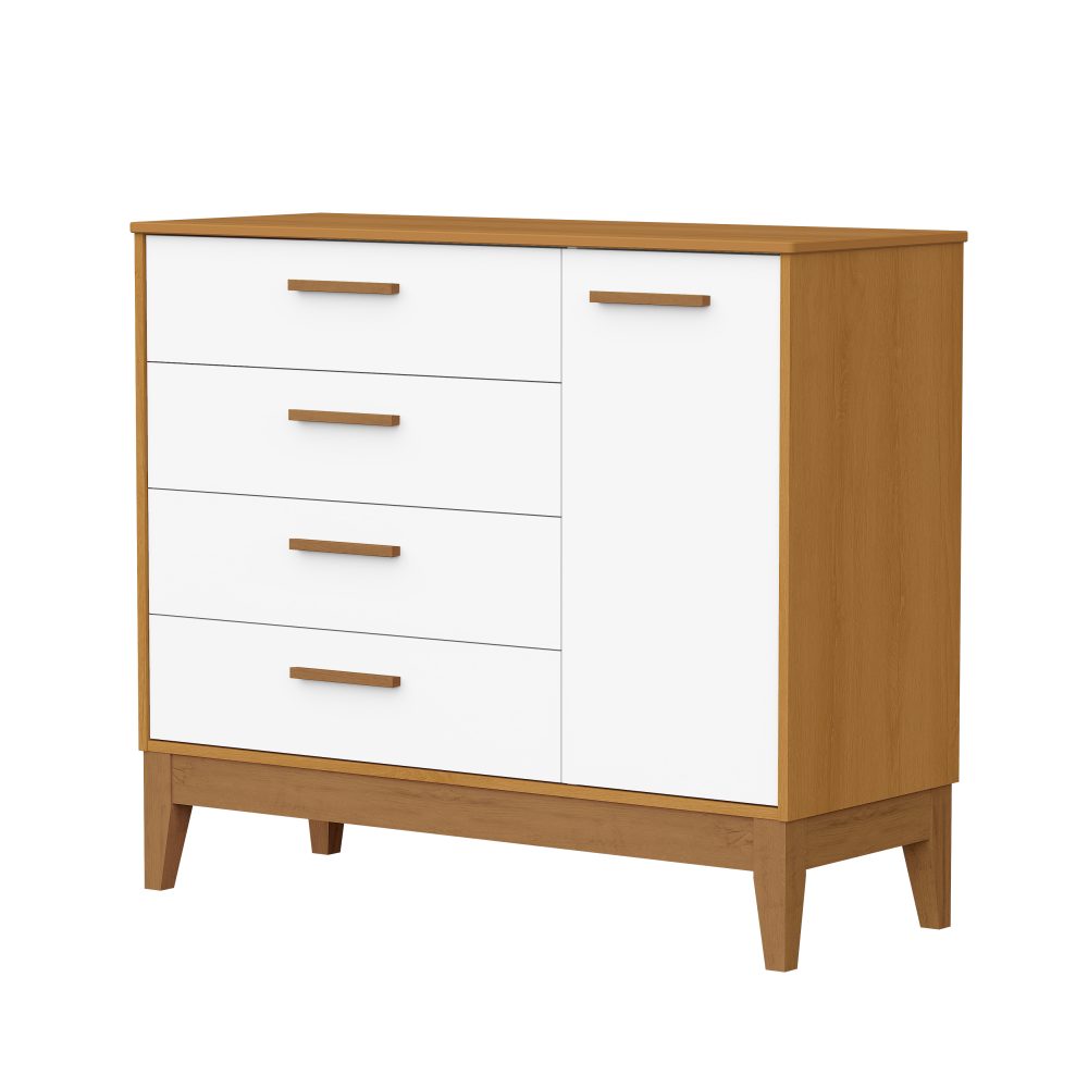 Quarto de Bebê Flip Reller | Guarda-Roupa 4 Portas, Cômoda e Berço - Branco Fosco Com Savana