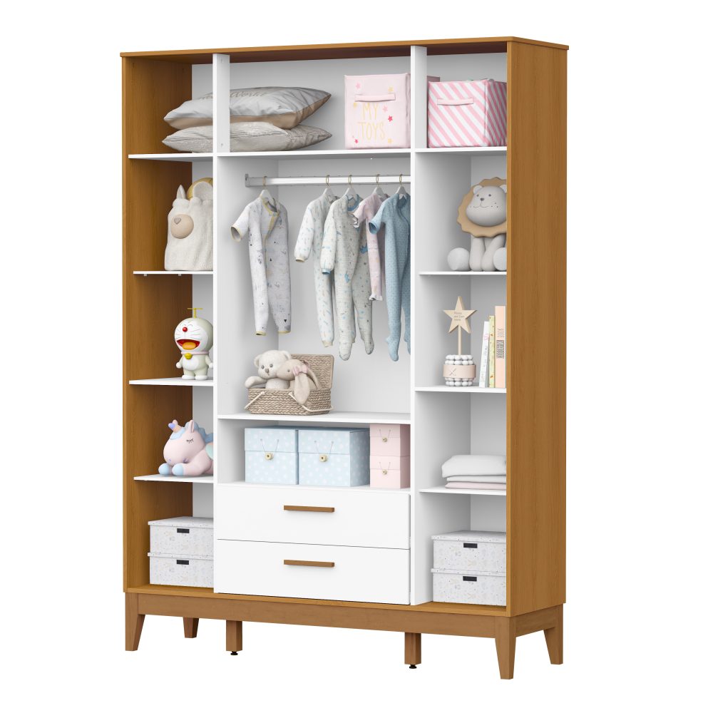 Quarto de Bebê Flip Reller | Guarda-Roupa 4 Portas, Cômoda e Berço - Branco Fosco Com Savana