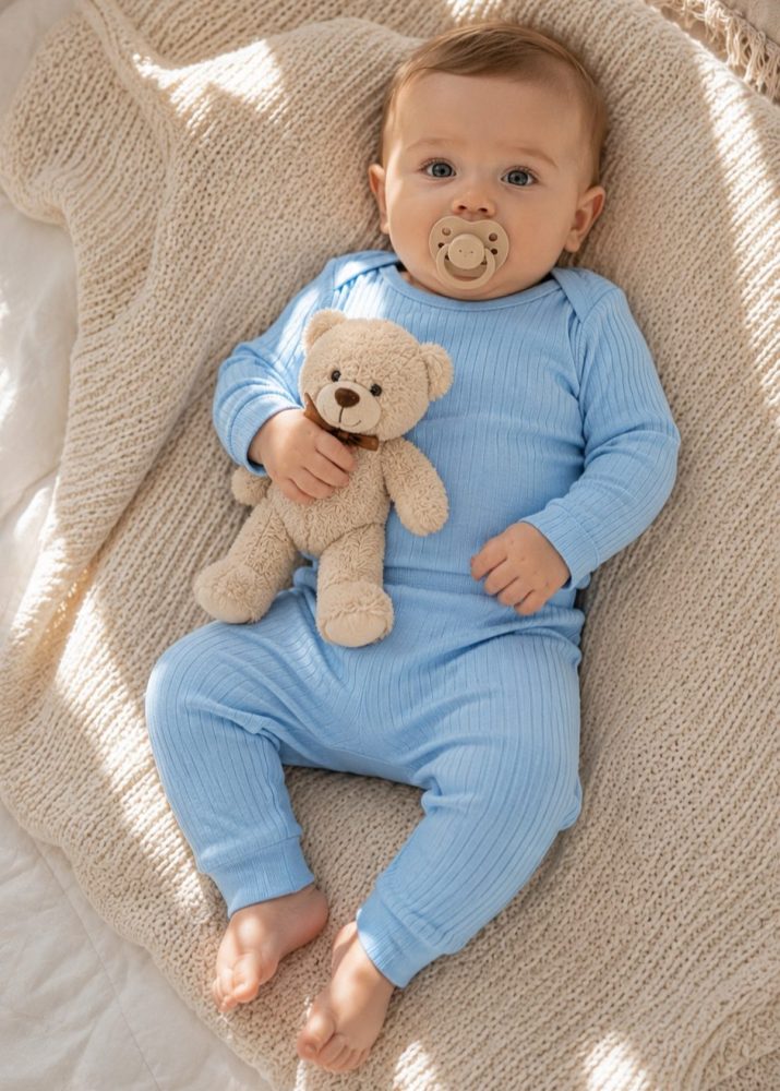 Conjunto Body Bebê Pagão Canelado Longo - Azul Ceú