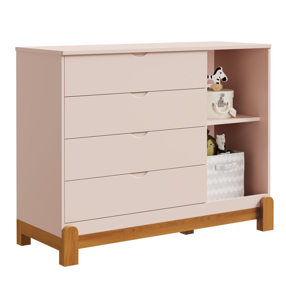 Quarto de Bebê Lotus Reller | Guarda-Roupa 4 Portas, Cômoda Sapateira e Berço - Rosa Fosco