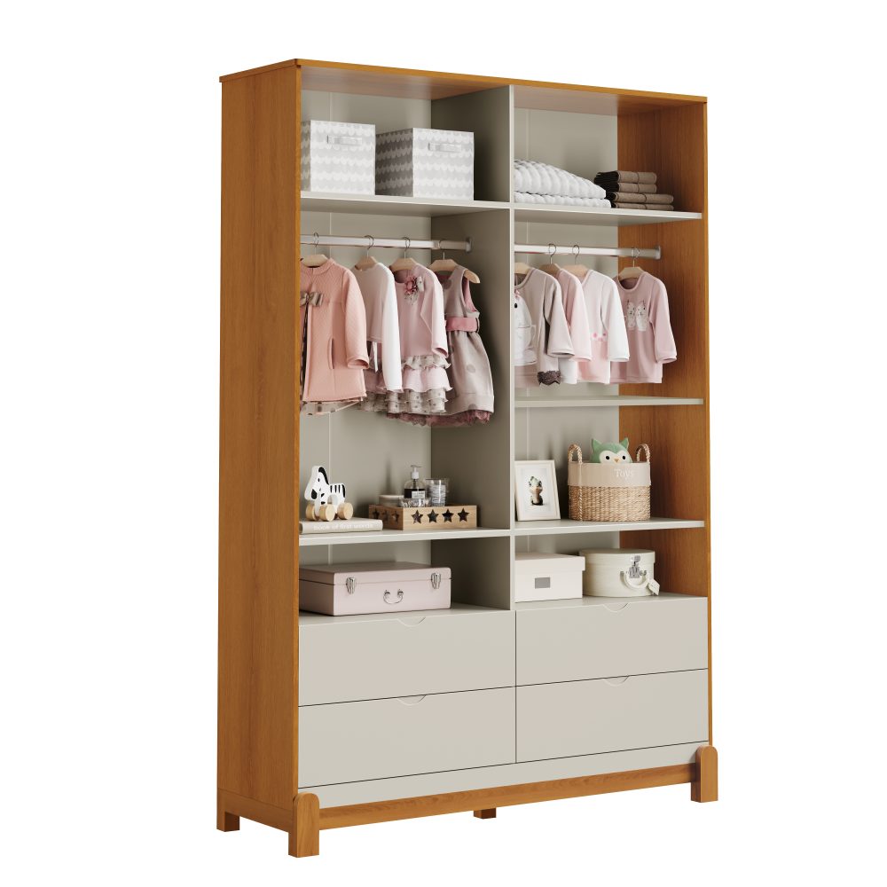 Quarto de Bebê Lotus Reller | Guarda-Roupa 4 Portas, Cômoda Sapateira e Berço - Areia Com Savana