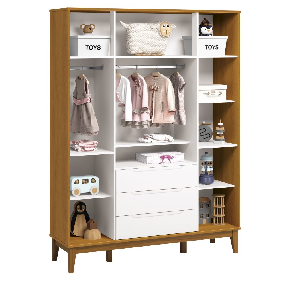 Quarto de Bebê Elfe Classic Reller | Guarda-Roupa 4 Portas, Cômoda e Berço Noah - Branco Fosco com Savana