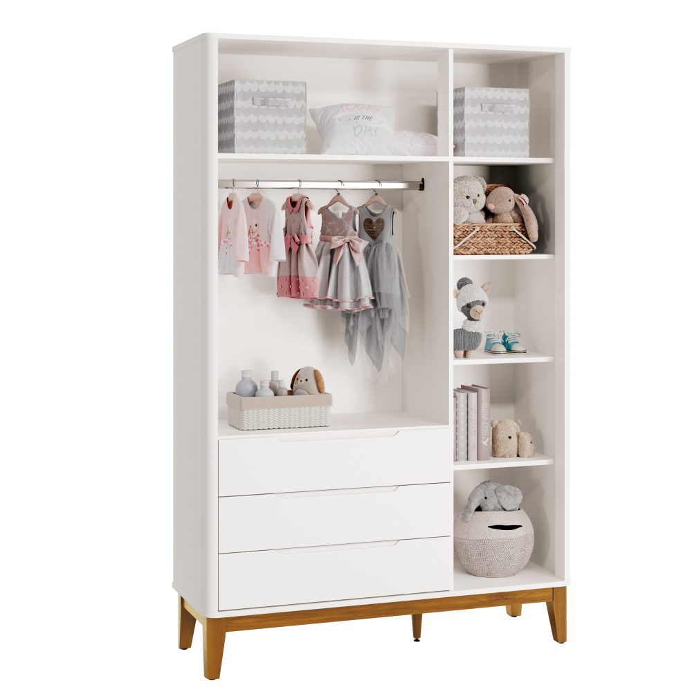 Quarto de Bebê Boom Plus Classic | Guarda-Roupa 3 Portas, Cômoda e Berço Reller - Branco Fosco