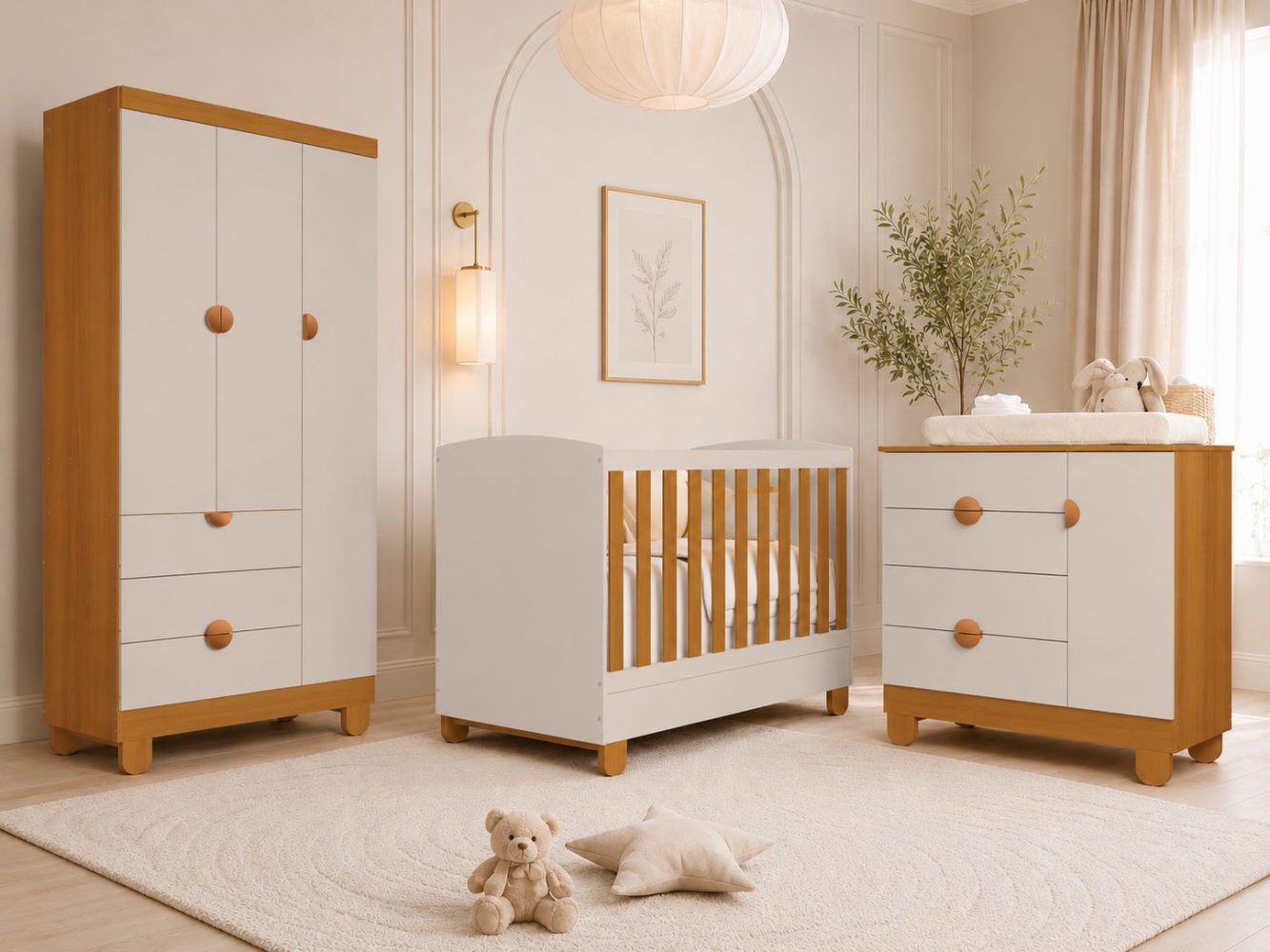 Quarto de Bebê Apolo Basic | Guarda-Roupa 3 Portas, Cômoda e Berço Reller - Areia Fosco Com Savana