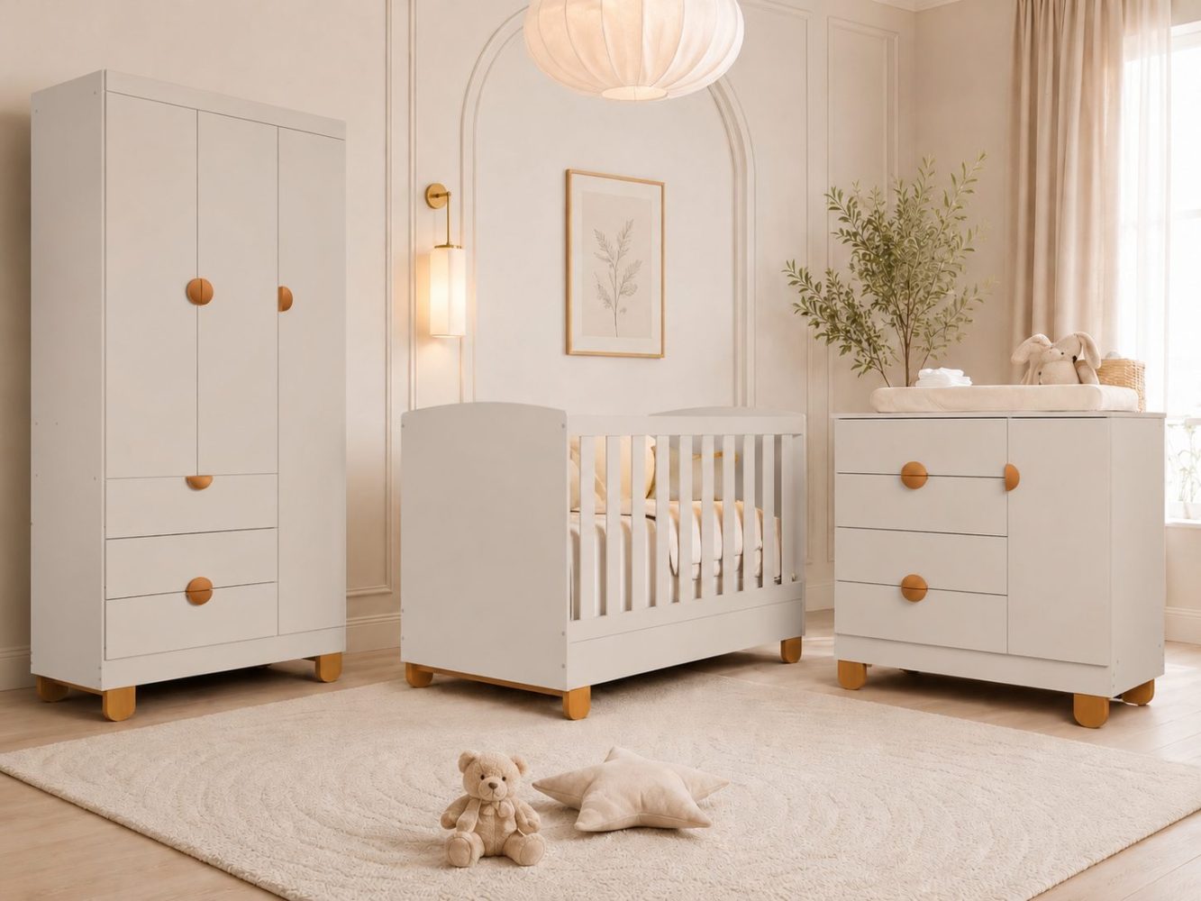 Quarto de Bebê Apolo Basic | Guarda-Roupa 3 Portas, Cômoda e Berço Reller - Areia Fosco