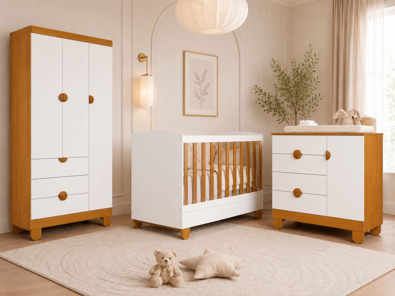 Quarto de Bebê Apolo Basic | Guarda-Roupa 3 Portas, Cômoda e Berço Reller - Branco Fosco Com Savana