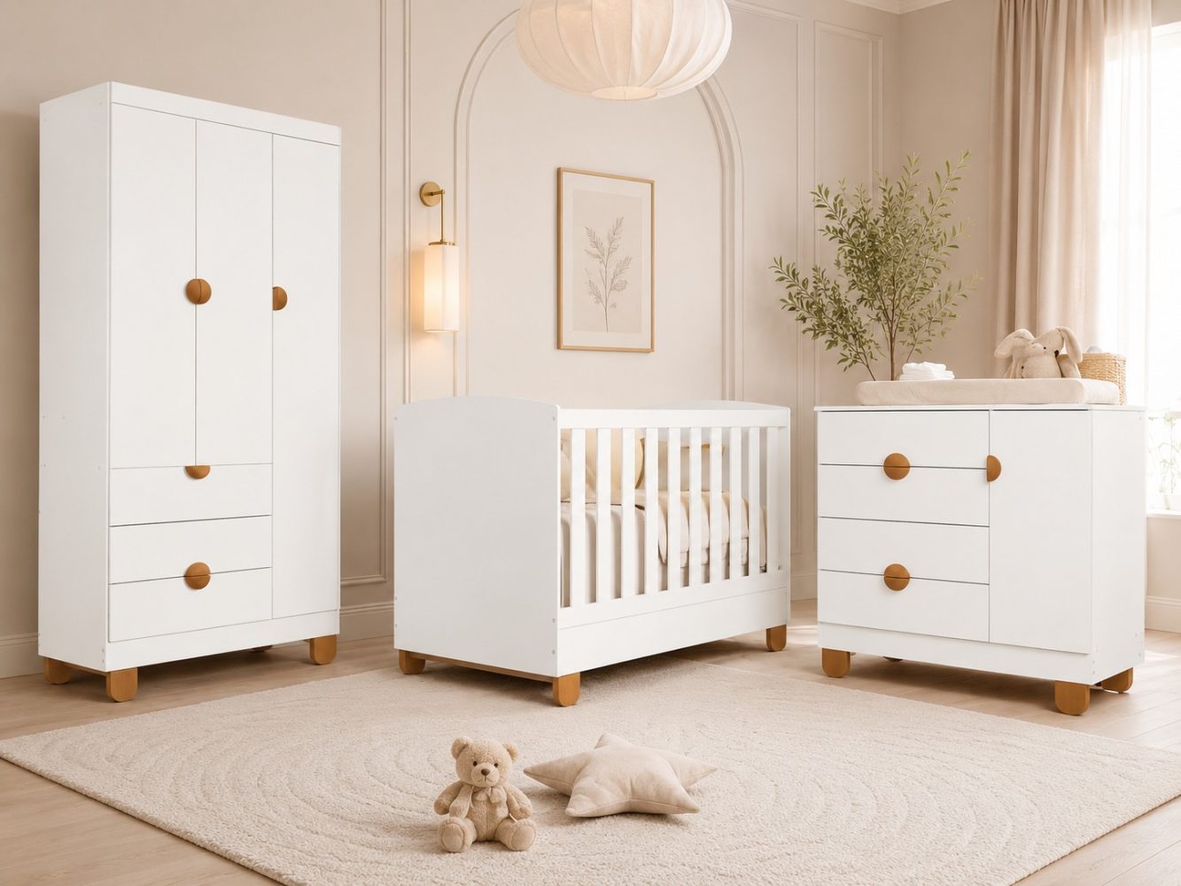 Quarto de Bebê Apolo Basic | Guarda-Roupa 3 Portas, Cômoda e Berço Reller - Branco Fosco