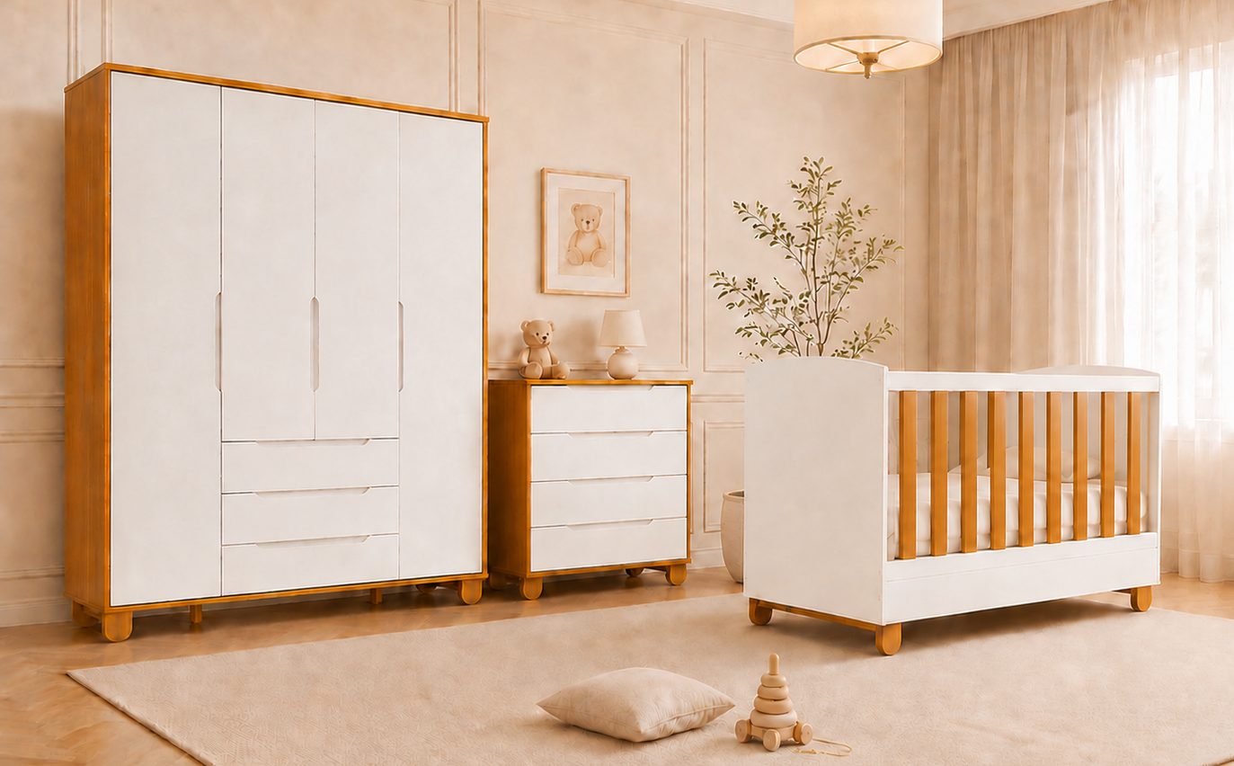 Quarto de Bebê Elfe Apolo Reller | Guarda-Roupa 4 Portas, Cômoda e Berço Apolo - Branco Fosco Com Savana