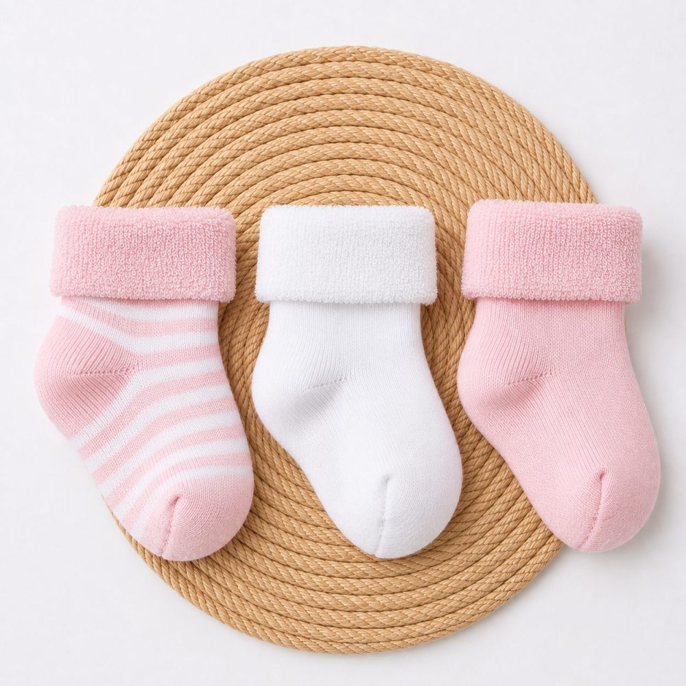 Kit 3 Pares Meia Bebê Atoalhada Listrada Rosa