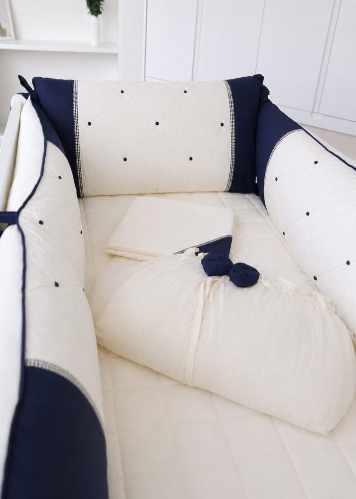 Kit Berço Paris 9 peças Com Bordado Bolinha Nervura Marinho