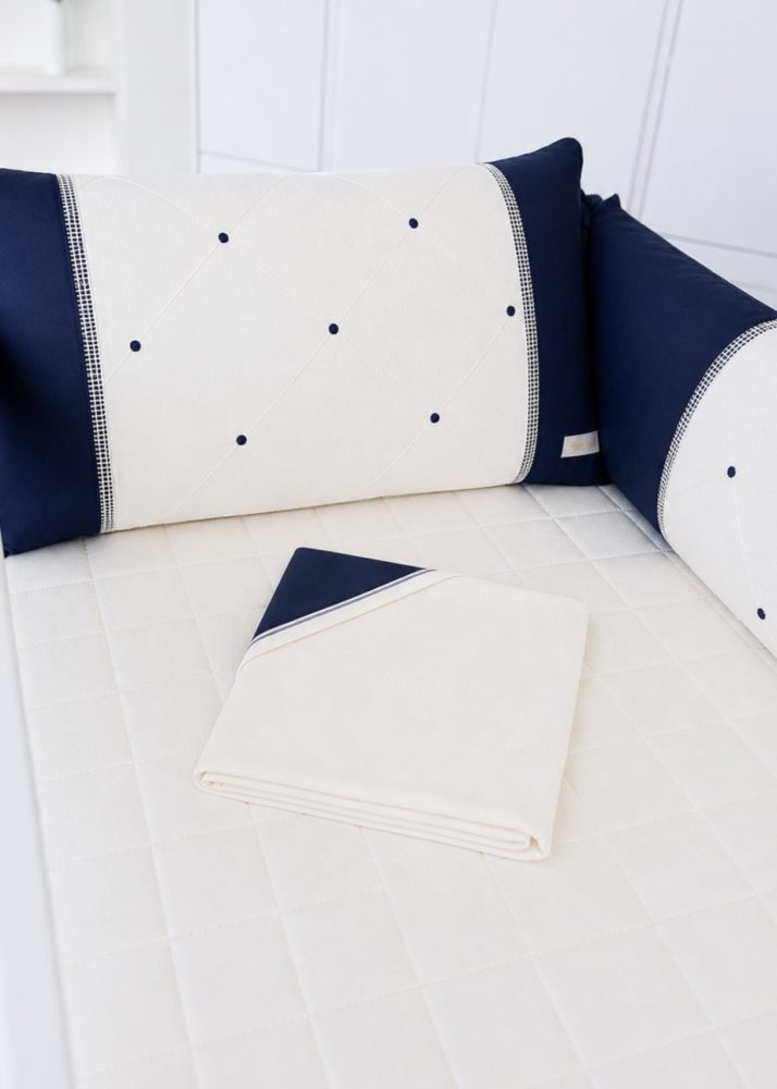 Kit Berço Paris 9 peças Com Bordado Bolinha Nervura Marinho