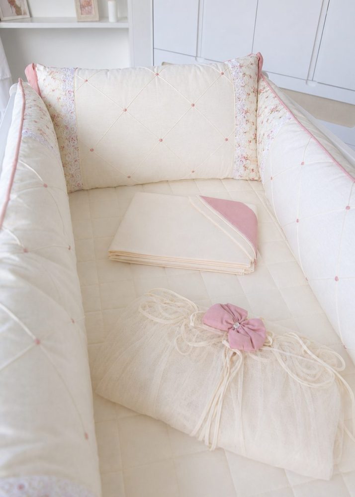 Kit Berço Paris 9 peças Com Bordado Bolinhas e Floral Rosê