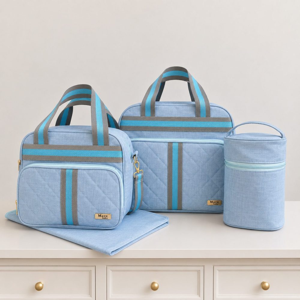 Kit Bolsa Maternidade Bebê 4 Peças - Azul Claro em Linho