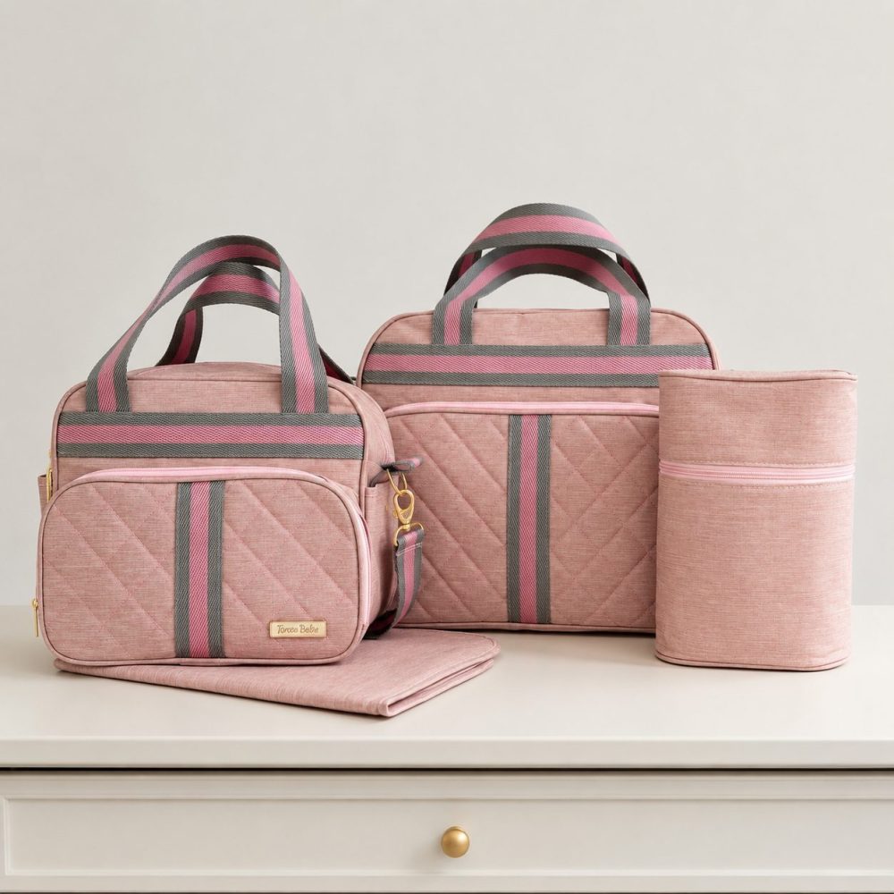 Kit Bolsa Maternidade Bebê 4 Peças - Rosa em Linho