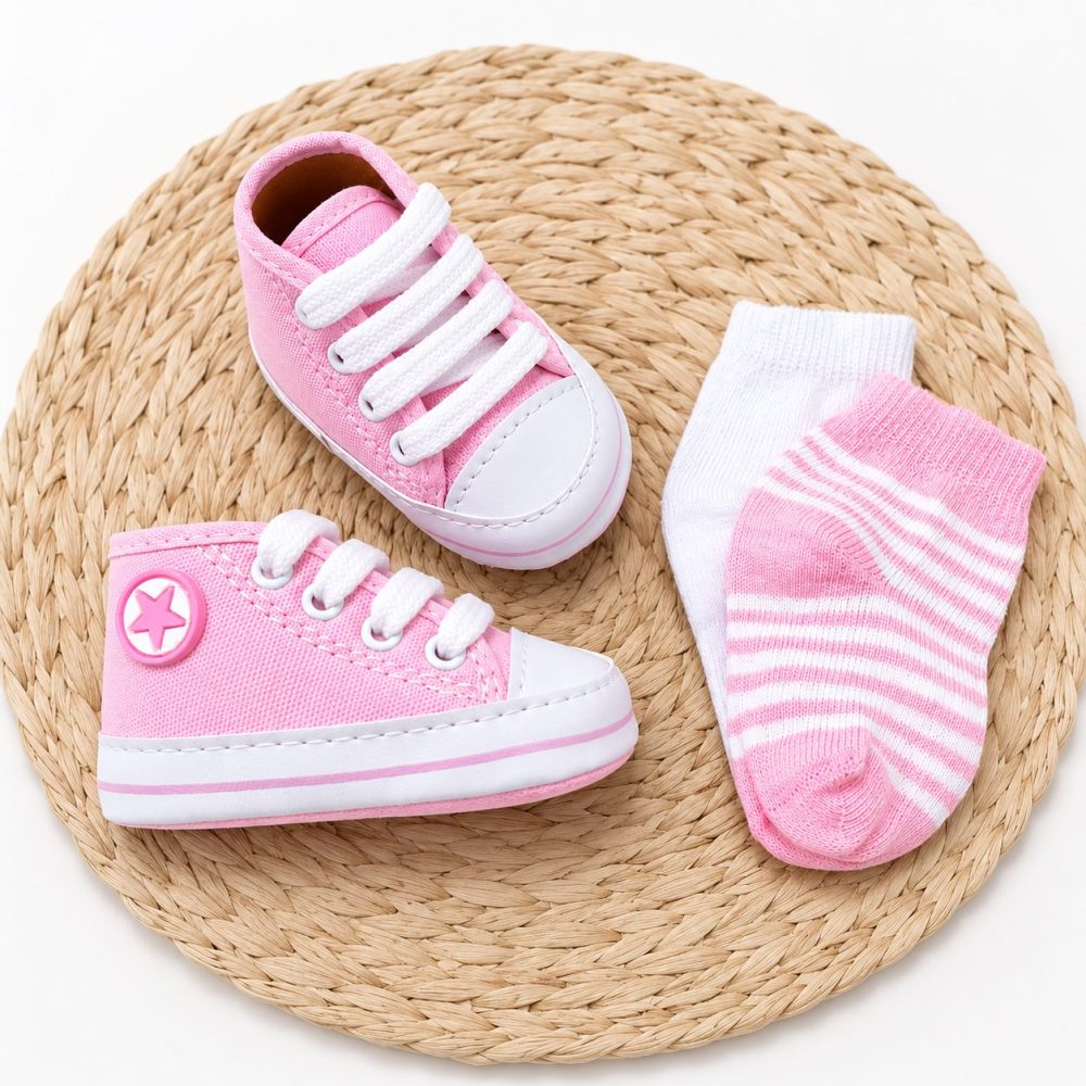 Kit Tênis Rosa Bebê Winston Com Meias
