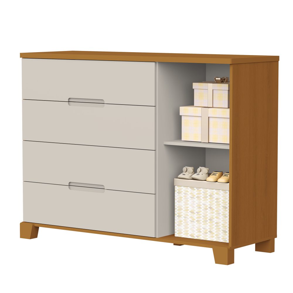 Quarto de Bebê Luna Max Reller | Guarda-Roupa 4 Portas, Cômoda e Berço Evolutivo- Areia Fosco Com Savana