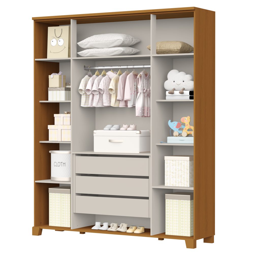 Quarto de Bebê Luna Max Reller | Guarda-Roupa 4 Portas, Cômoda e Berço Evolutivo- Areia Fosco Com Savana