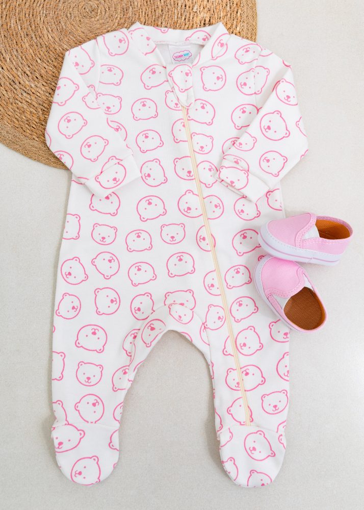 Macacão Bebê Suedine 100% Algodão - Ursa Rosa