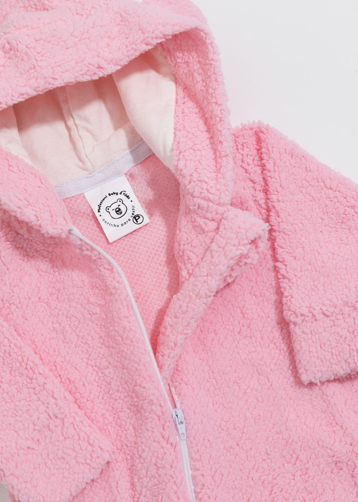 Macacão Bebê Peluciado Teddy Rosa com Touca de Orelhinha