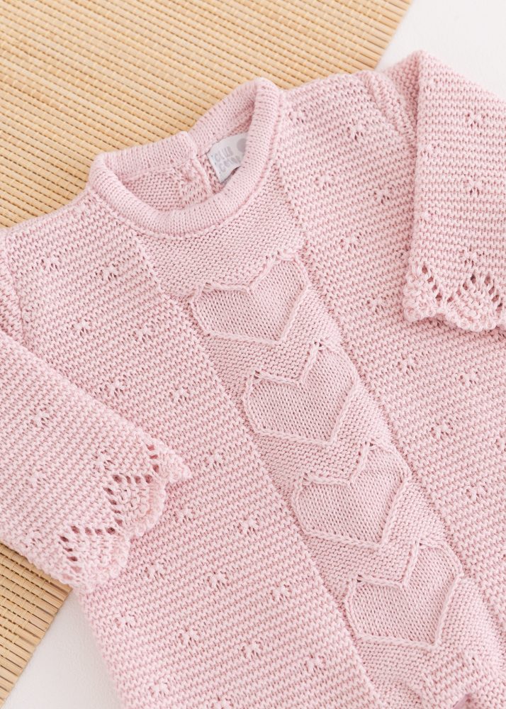 Macacão Bebê em Tricot Coração Rosa Pastel